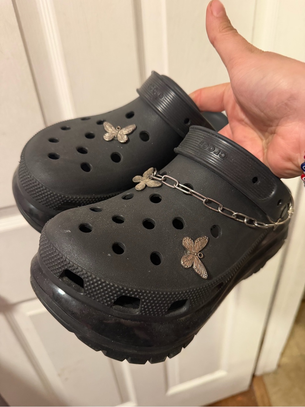 CROCS Black Clogs with Butterfly Charms and Chain